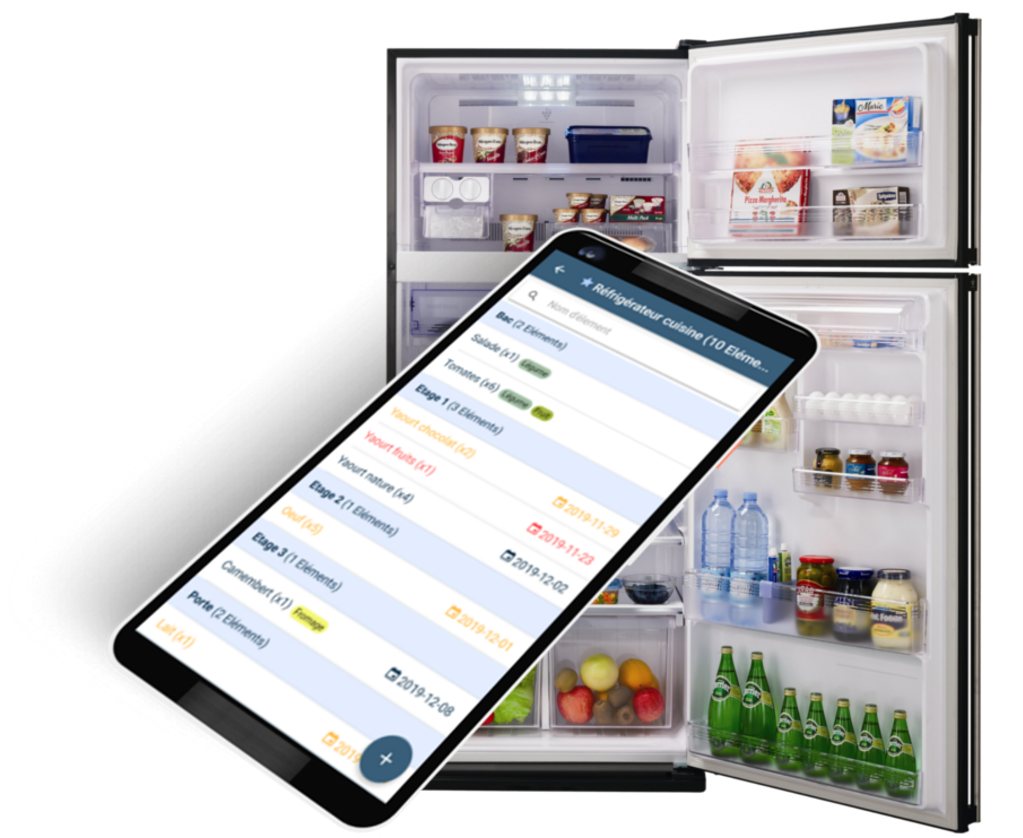 capture d'écran frigloo application smartphone devant frigo ouvert